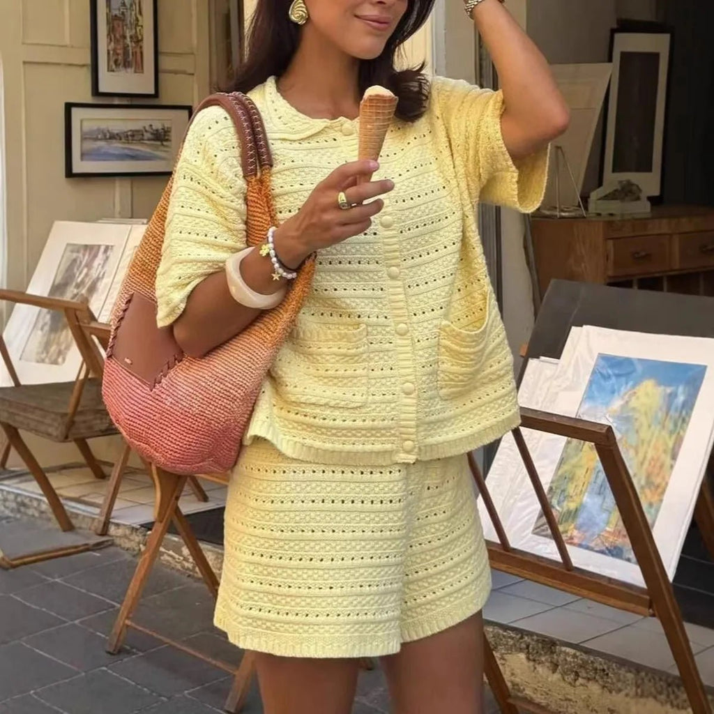 Button Front Knit Cardigan and Shorts Set