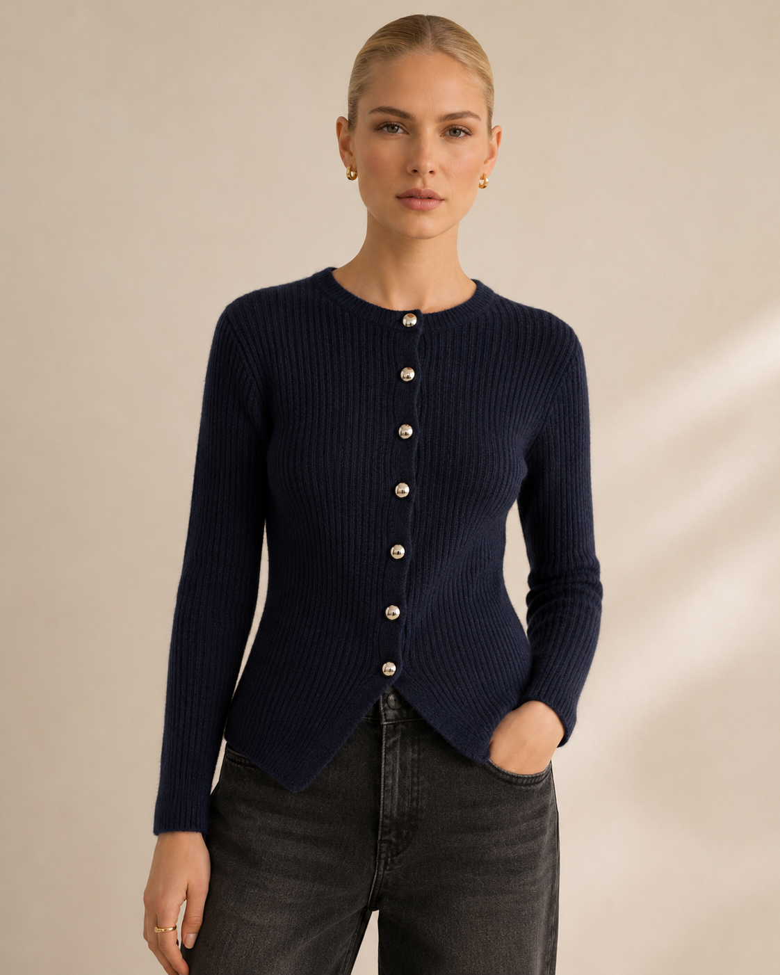 Button Front Knit Cardigan with Split Hem