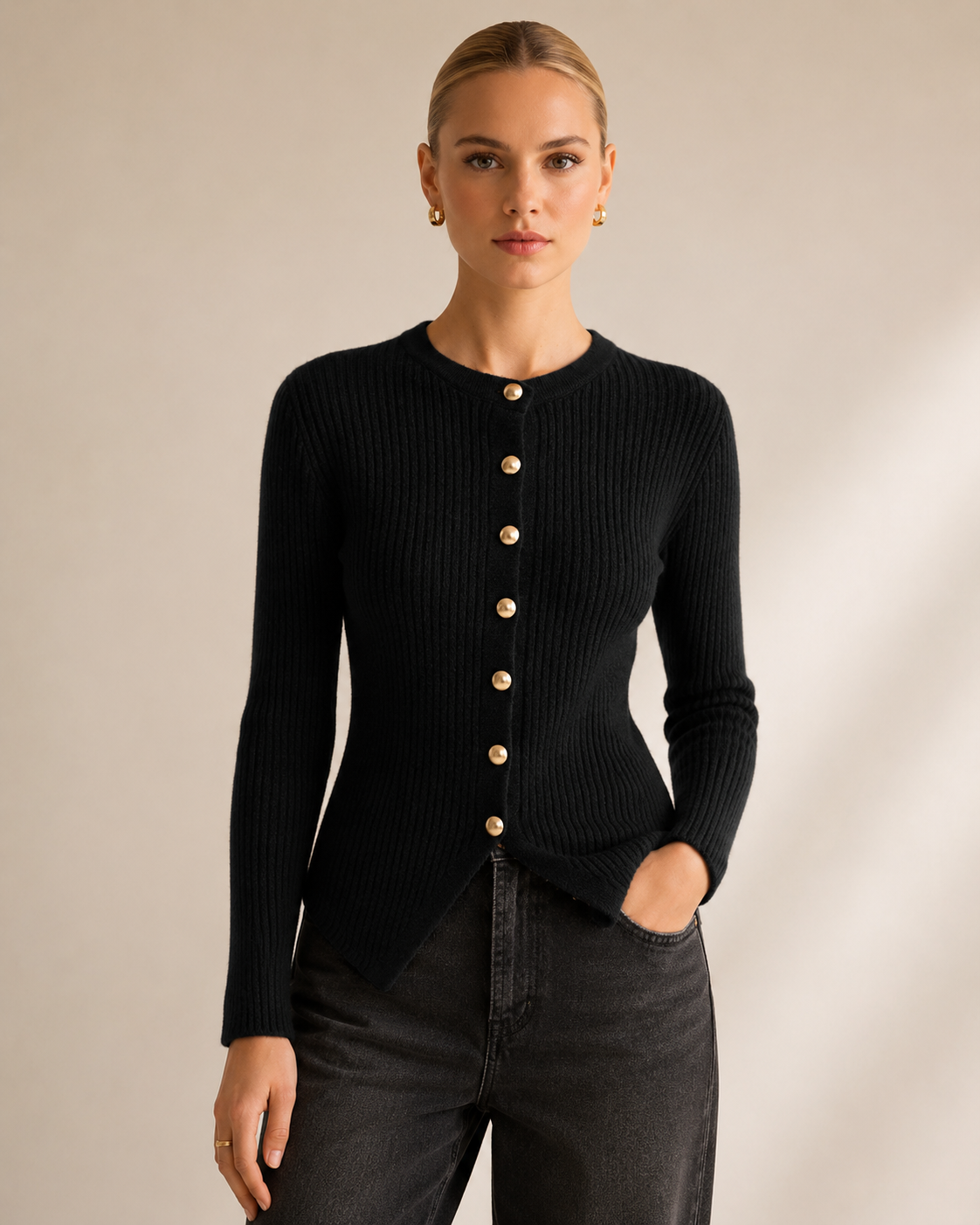 Button Front Knit Cardigan with Split Hem
