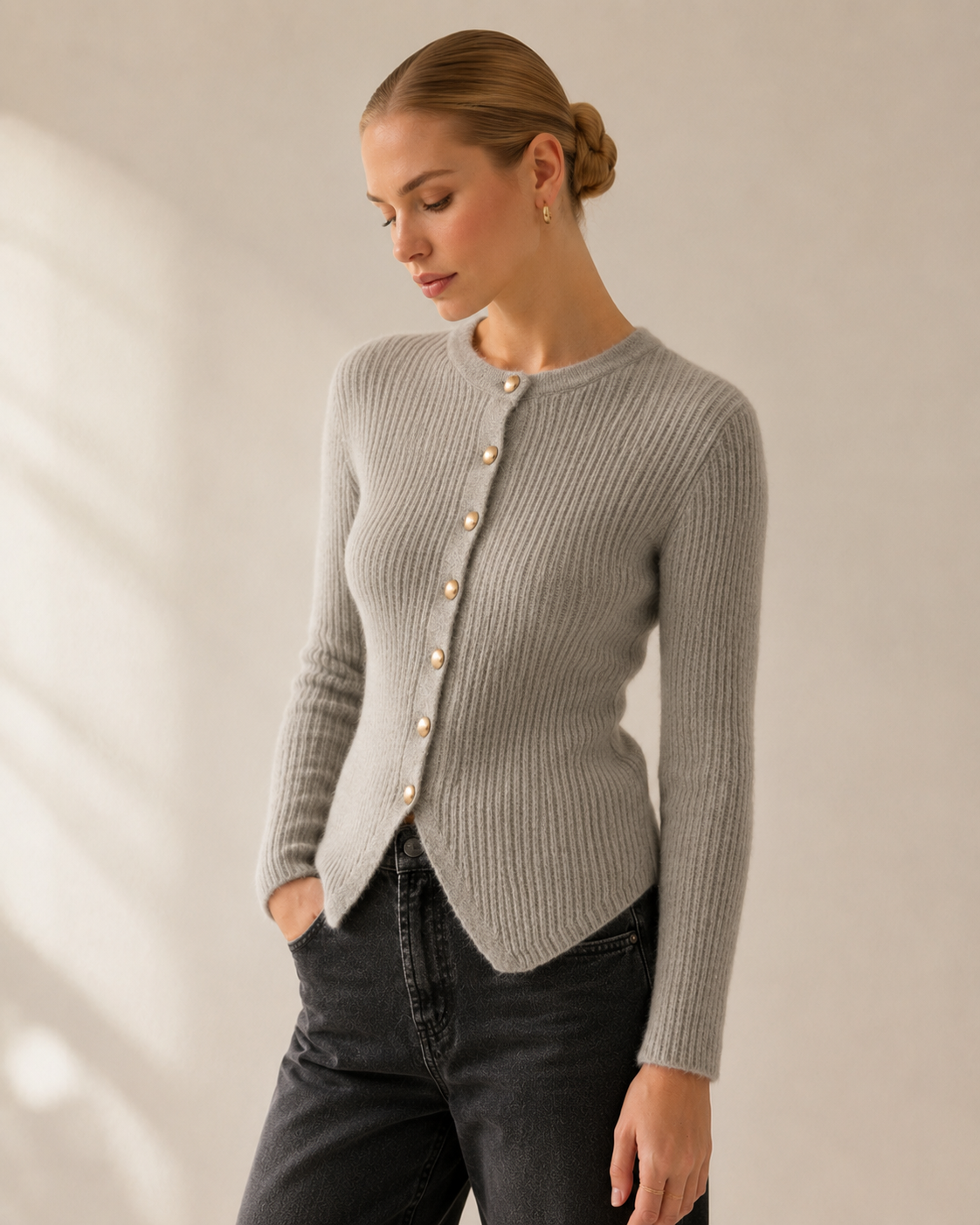 Button Front Knit Cardigan with Split Hem