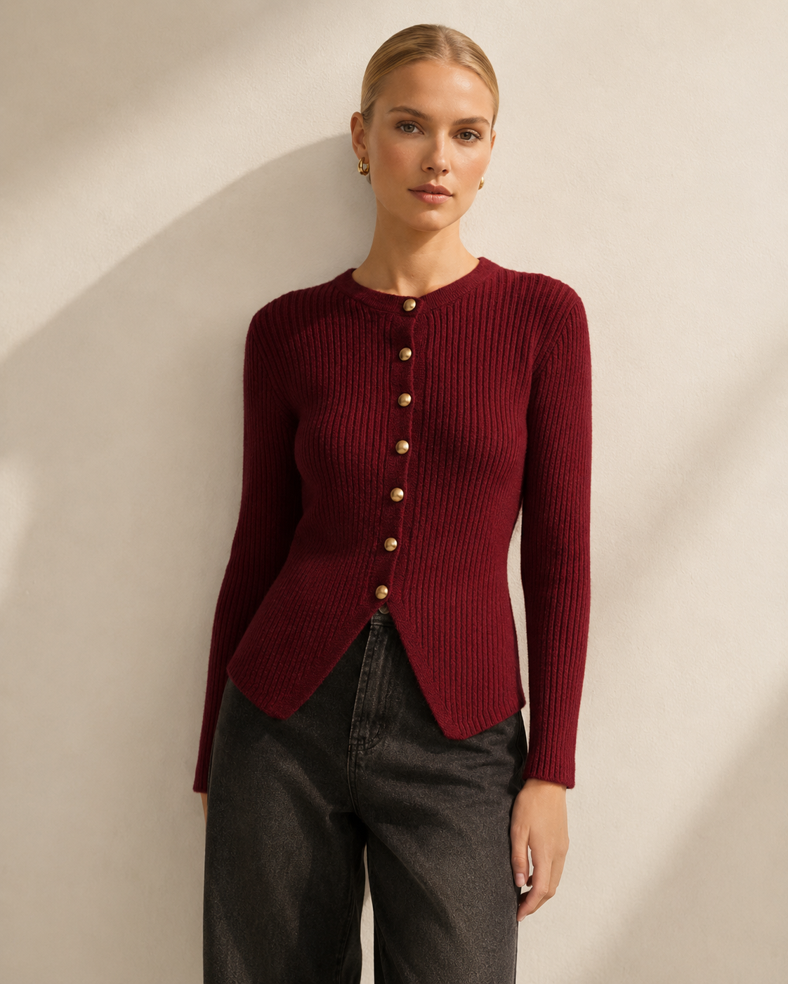 Button Front Knit Cardigan with Split Hem