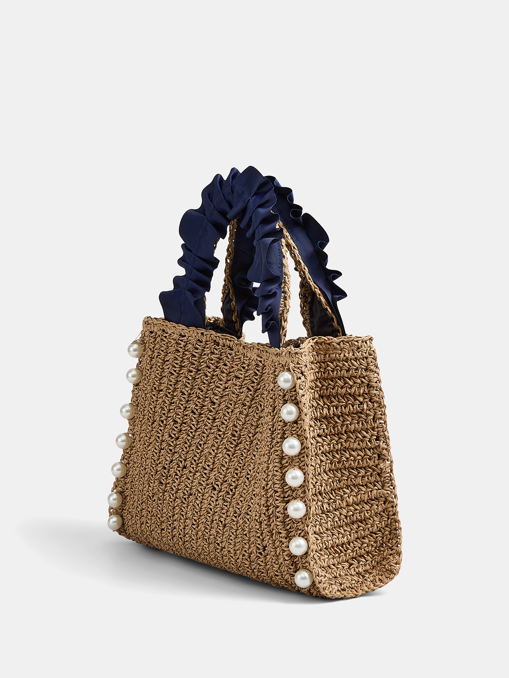 Camel Woven Straw Tote Bag with Pearl Details
