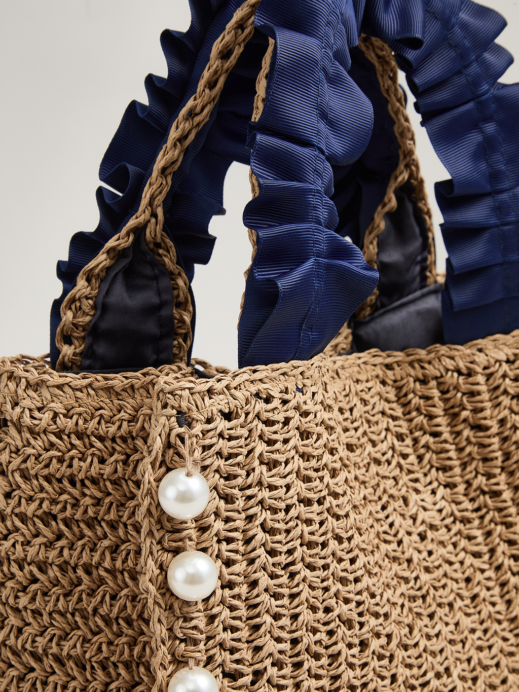 Camel Woven Straw Tote Bag with Pearl Details