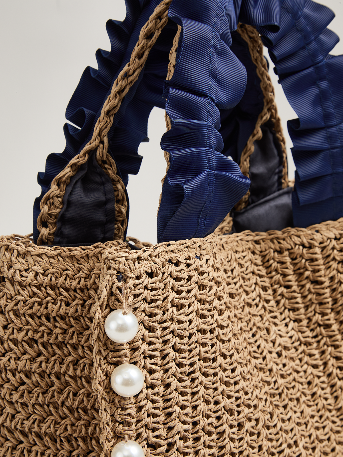 Camel Woven Straw Tote Bag with Pearl Details