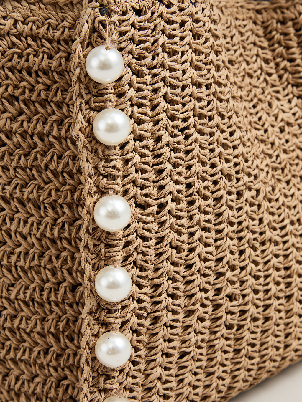 Camel Woven Straw Tote Bag with Pearl Details