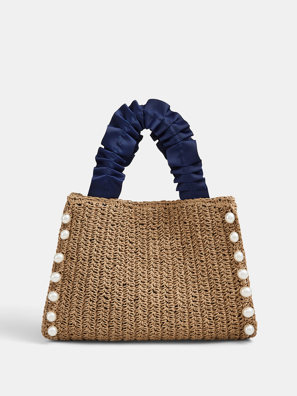 Camel Woven Straw Tote Bag with Pearl Details
