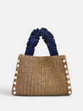 Camel Woven Straw Tote Bag with Pearl Details