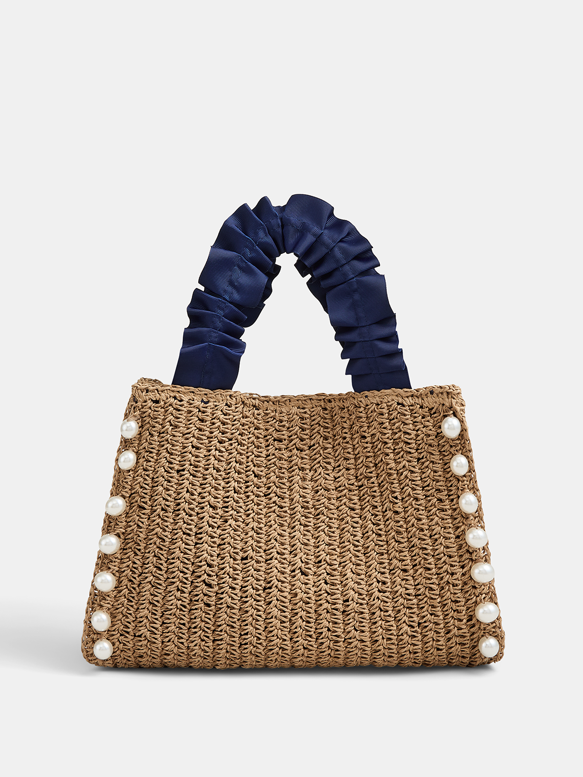 Camel Woven Straw Tote Bag with Pearl Details