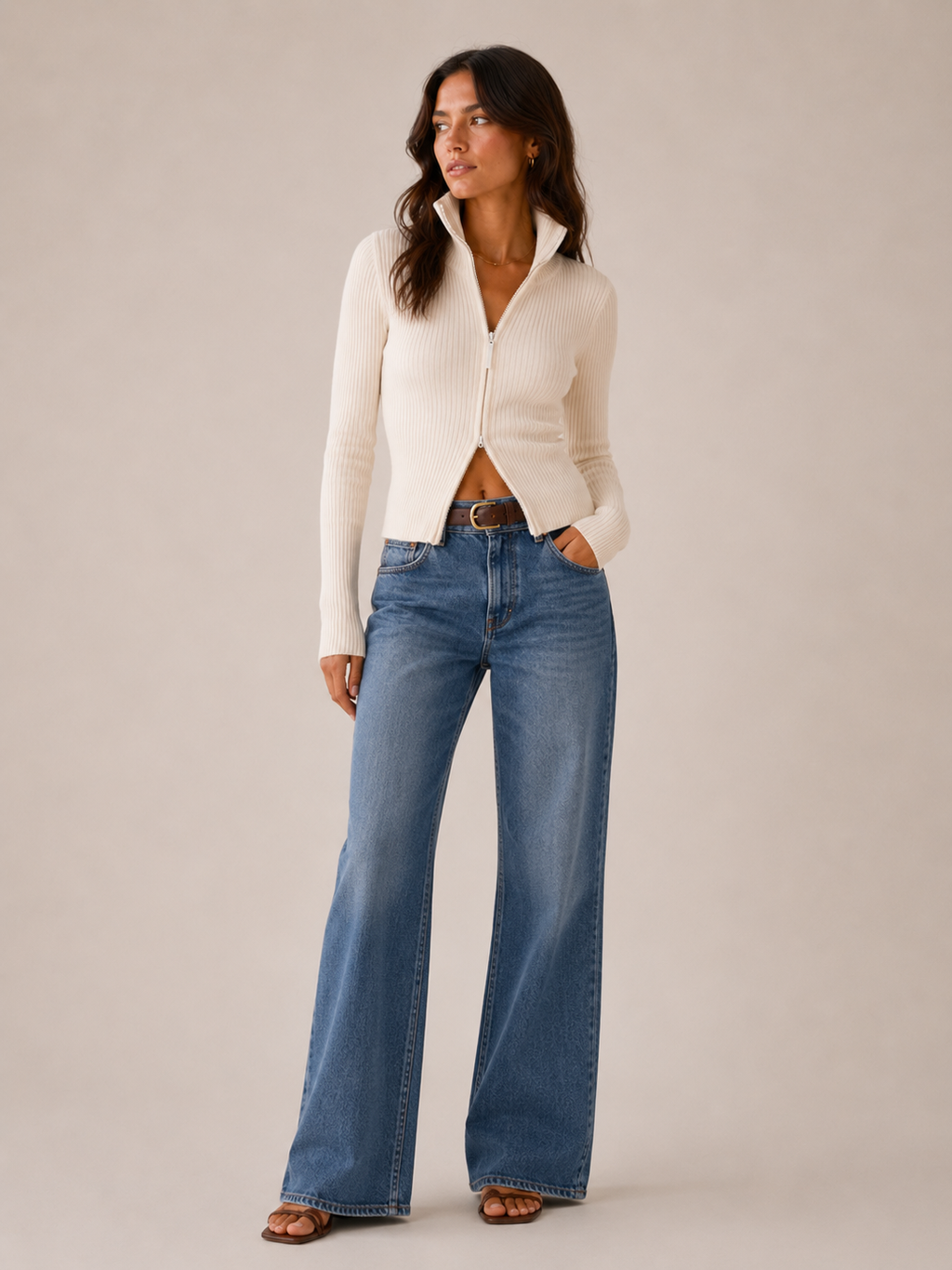 Chunky Ribbed Knit Turtleneck Cardigan with Double Zipper