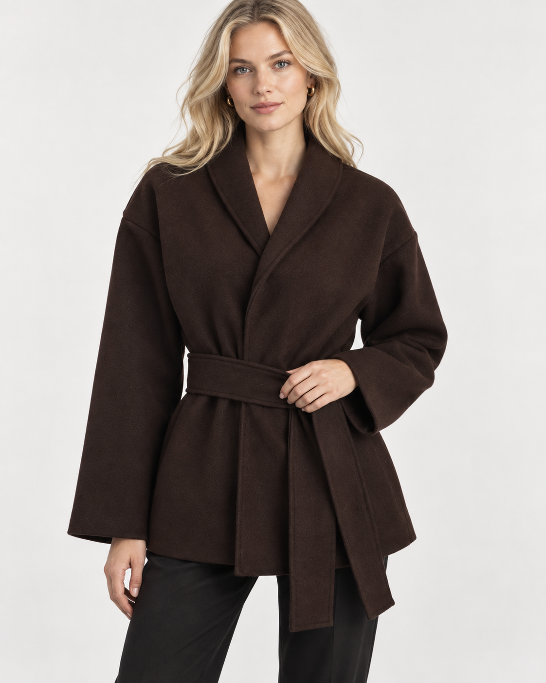 Coffee Oversized Shawl Collar Coat with Tie Belt