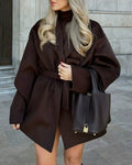 Coffee Oversized Shawl Collar Coat with Tie Belt