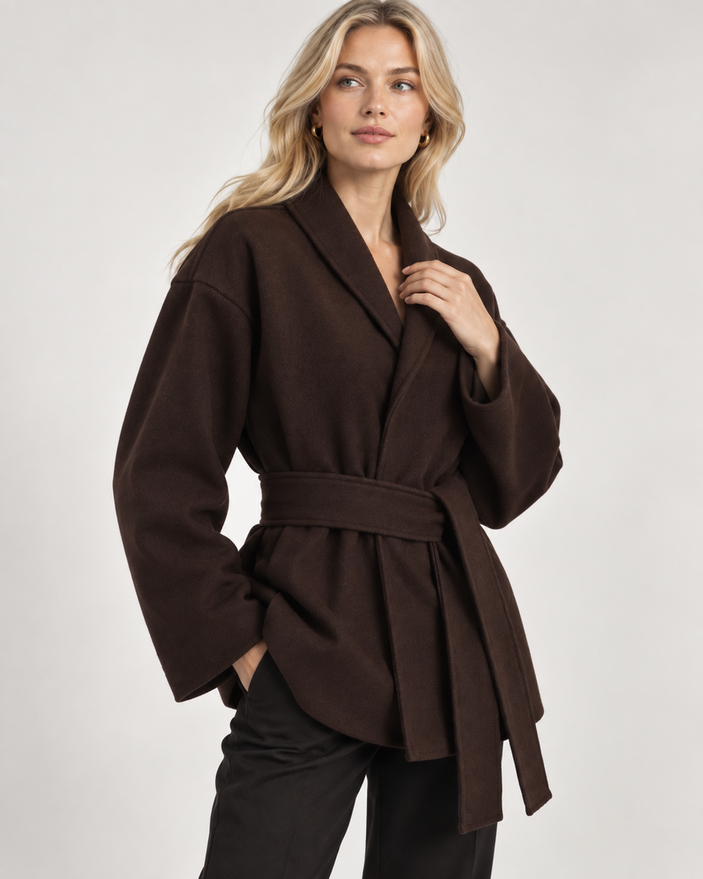 Coffee Oversized Shawl Collar Coat with Tie Belt