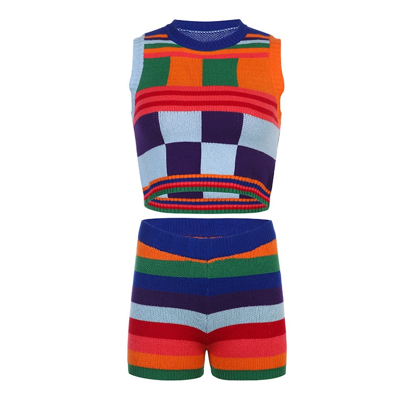 Color Block Knit Asymmetric Vest and Shorts Set