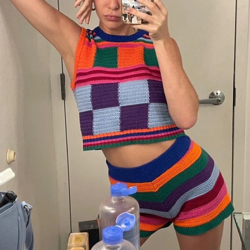 Color Block Knit Asymmetric Vest and Shorts Set