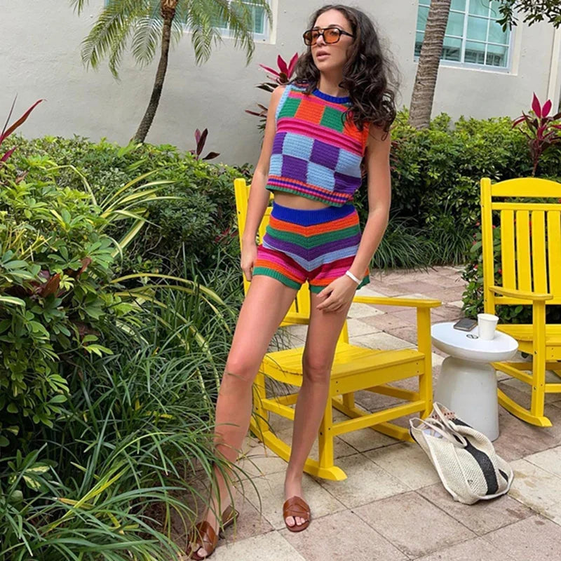 Color Block Knit Asymmetric Vest and Shorts Set