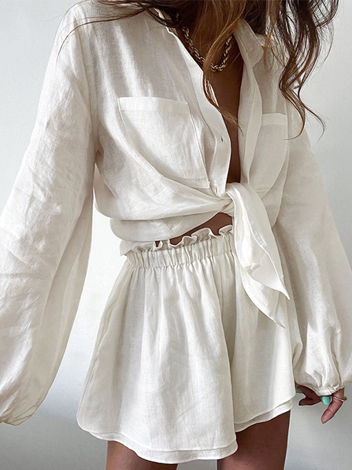Cotton Linen Top and Lined Shorts Set