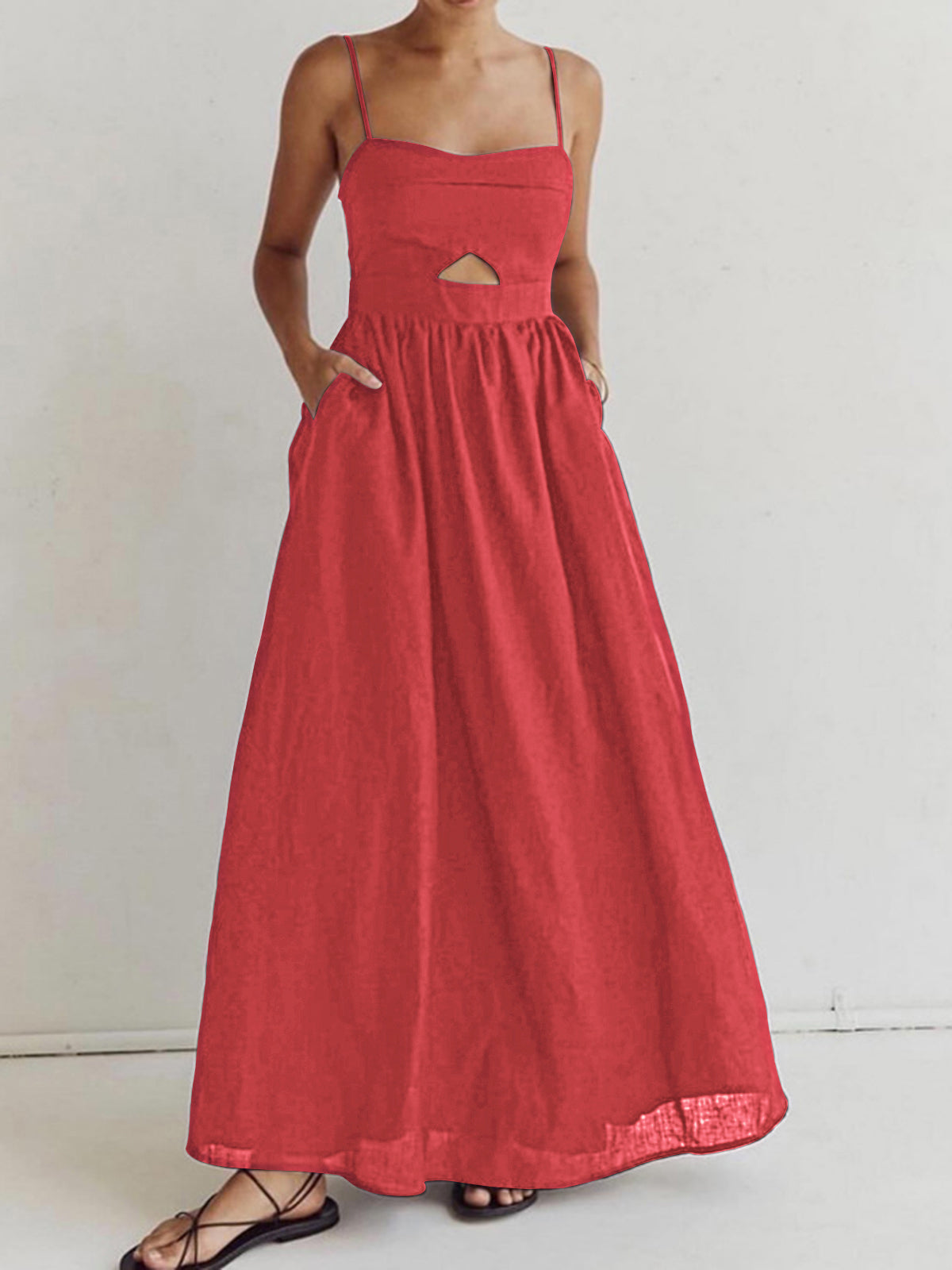 Cotton Sweetheart Neck Maxi Dress with Cut-Out and Pockets