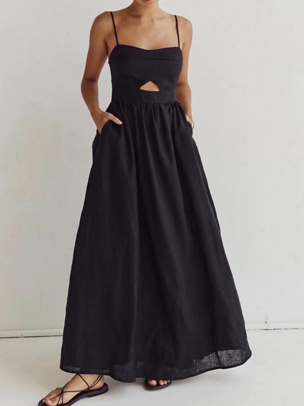 Cotton Sweetheart Neck Maxi Dress with Cut-Out and Pockets