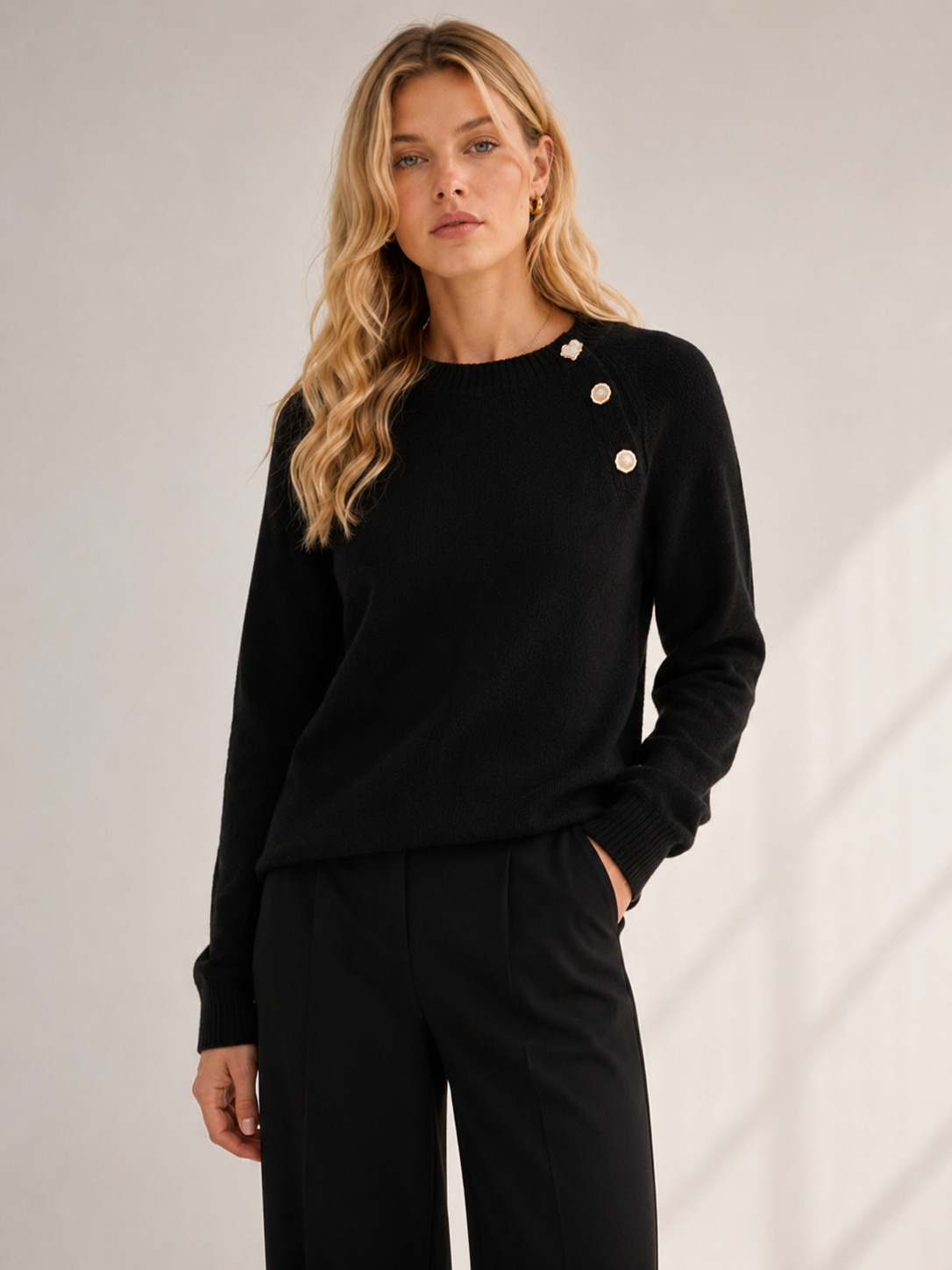 Crew Neck Knit Sweater with Diagonal Shoulder Buttons