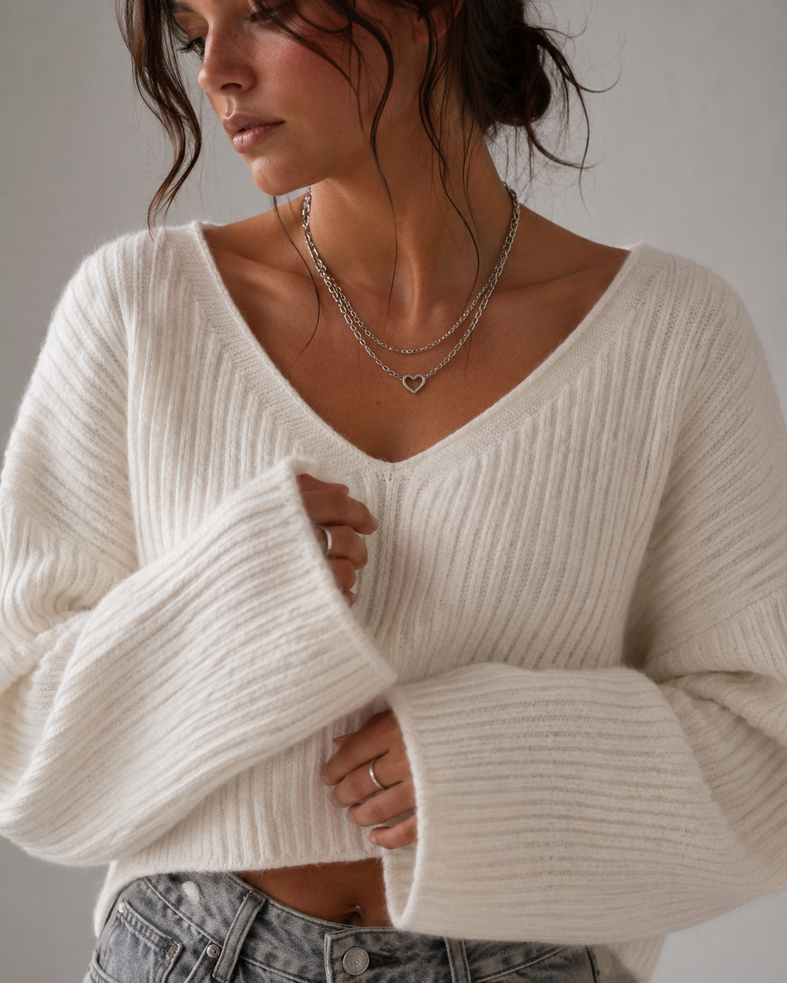Cropped Crochet Texture V-Neck Sweater