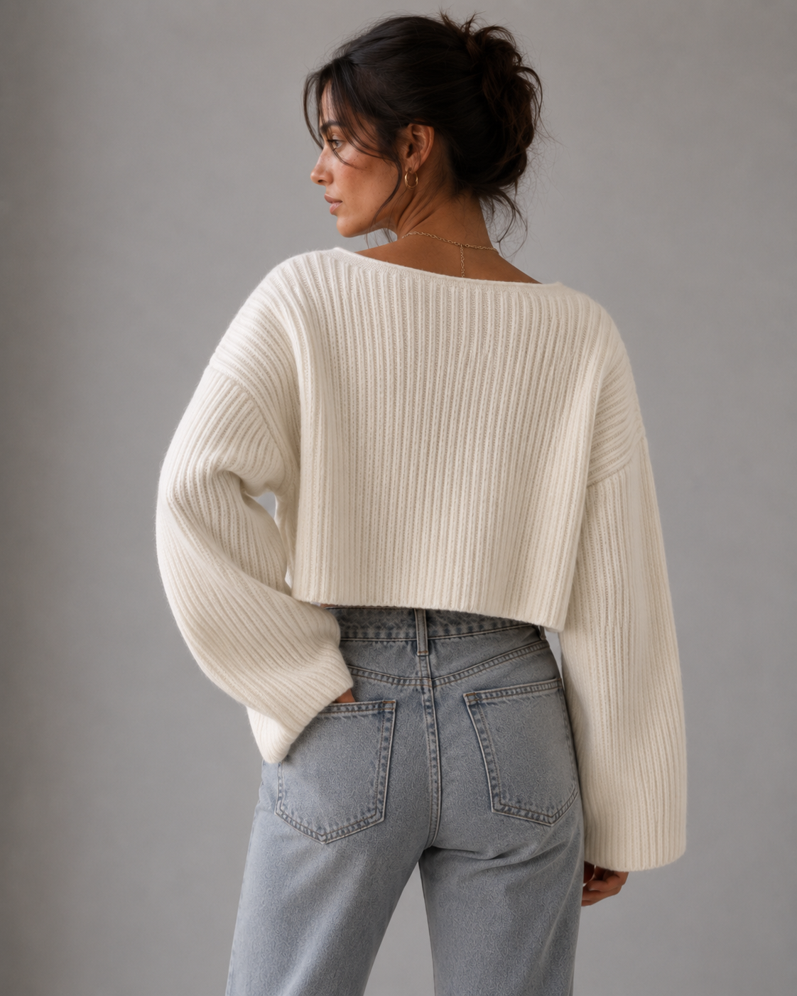 Cropped Crochet Texture V-Neck Sweater