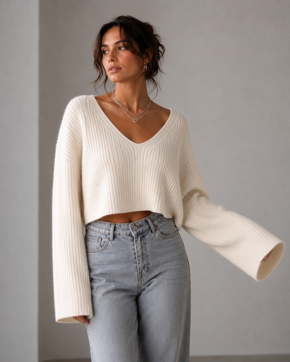 Cropped Crochet Texture V-Neck Sweater