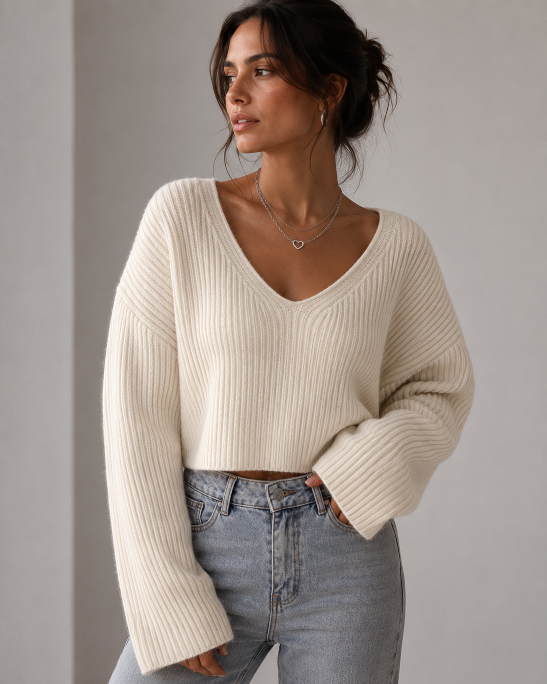 Cropped Crochet Texture V-Neck Sweater