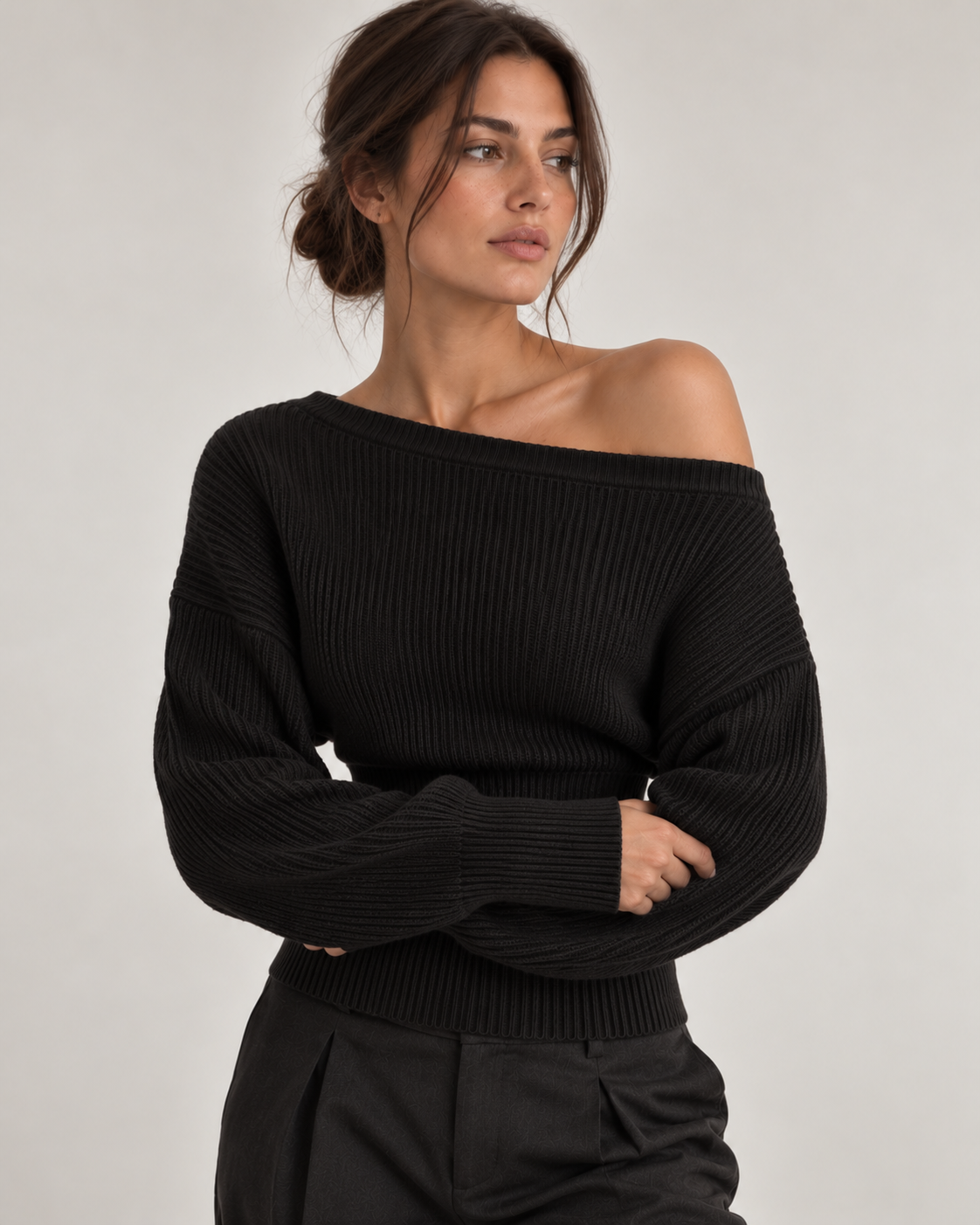 Cropped Off-Shoulder Long Sleeve Knit Sweater