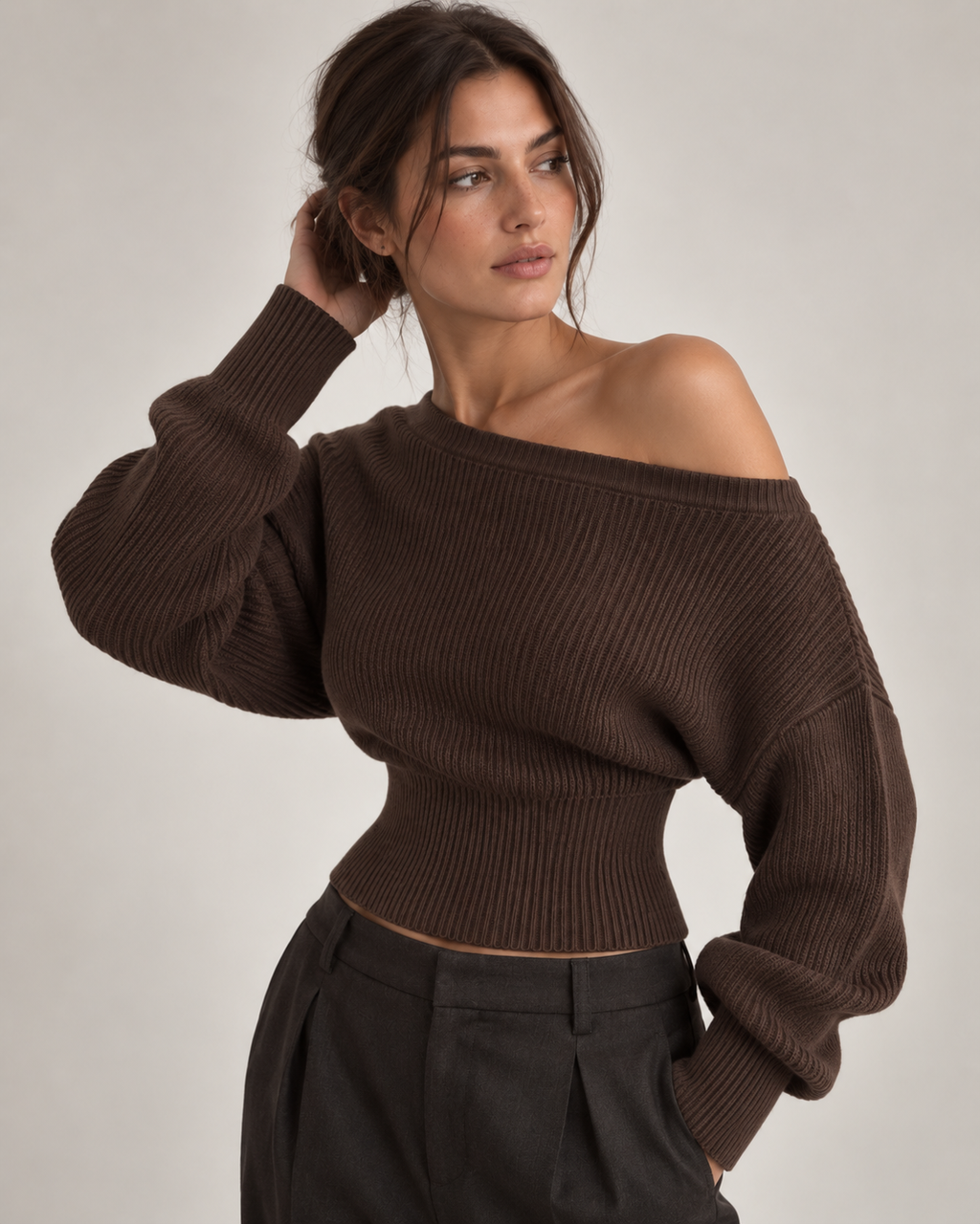 Cropped Off-Shoulder Long Sleeve Knit Sweater