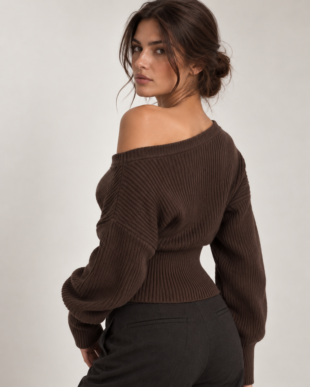 Cropped Off-Shoulder Long Sleeve Knit Sweater