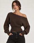 Cropped Off-Shoulder Long Sleeve Knit Sweater
