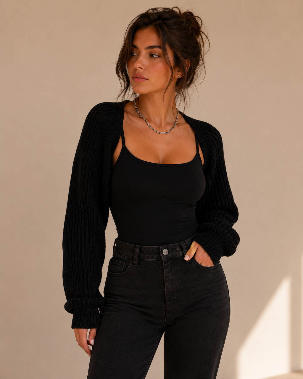 Cropped Ribbed Batwing Sleeve Knit Cardigan