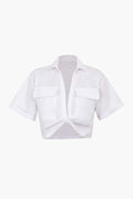 Cropped Short Sleeve Button Up Shirt with Pockets