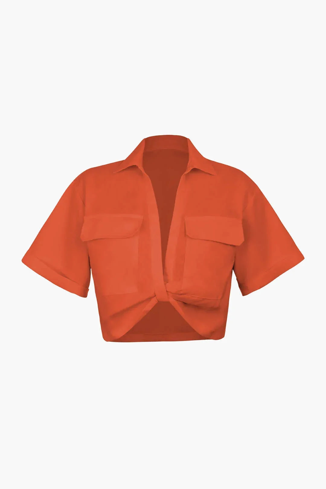 Cropped Short Sleeve Button Up Shirt with Pockets