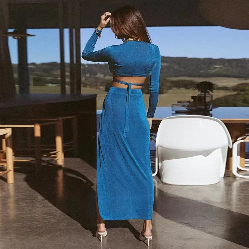 Cut-Out Long Sleeve Top and Maxi Skirt Set