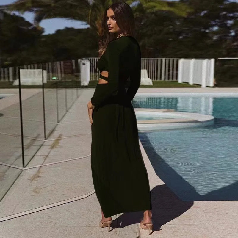 Cut-Out Long Sleeve Top and Maxi Skirt Set