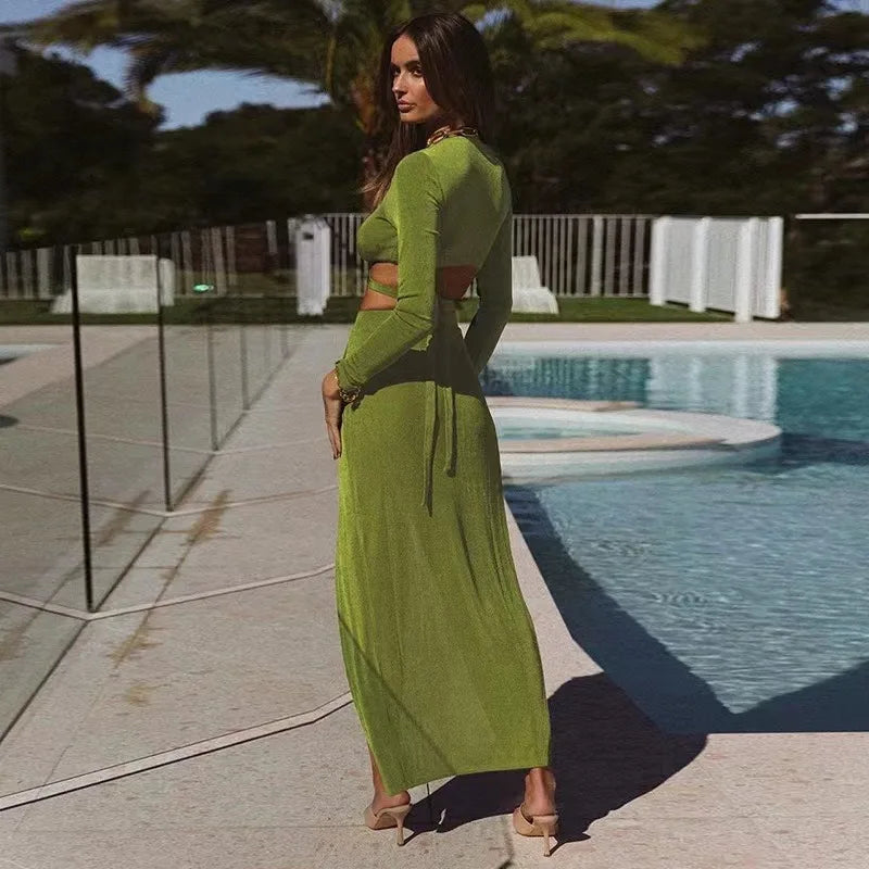 Cut-Out Long Sleeve Top and Maxi Skirt Set