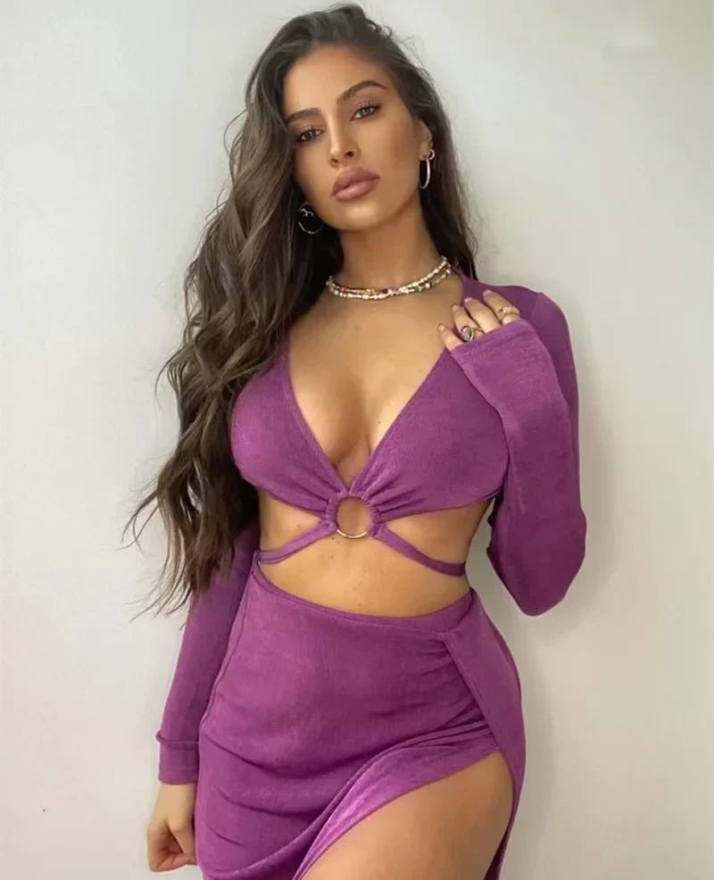 Cut-Out Long Sleeve Top and Maxi Skirt Set