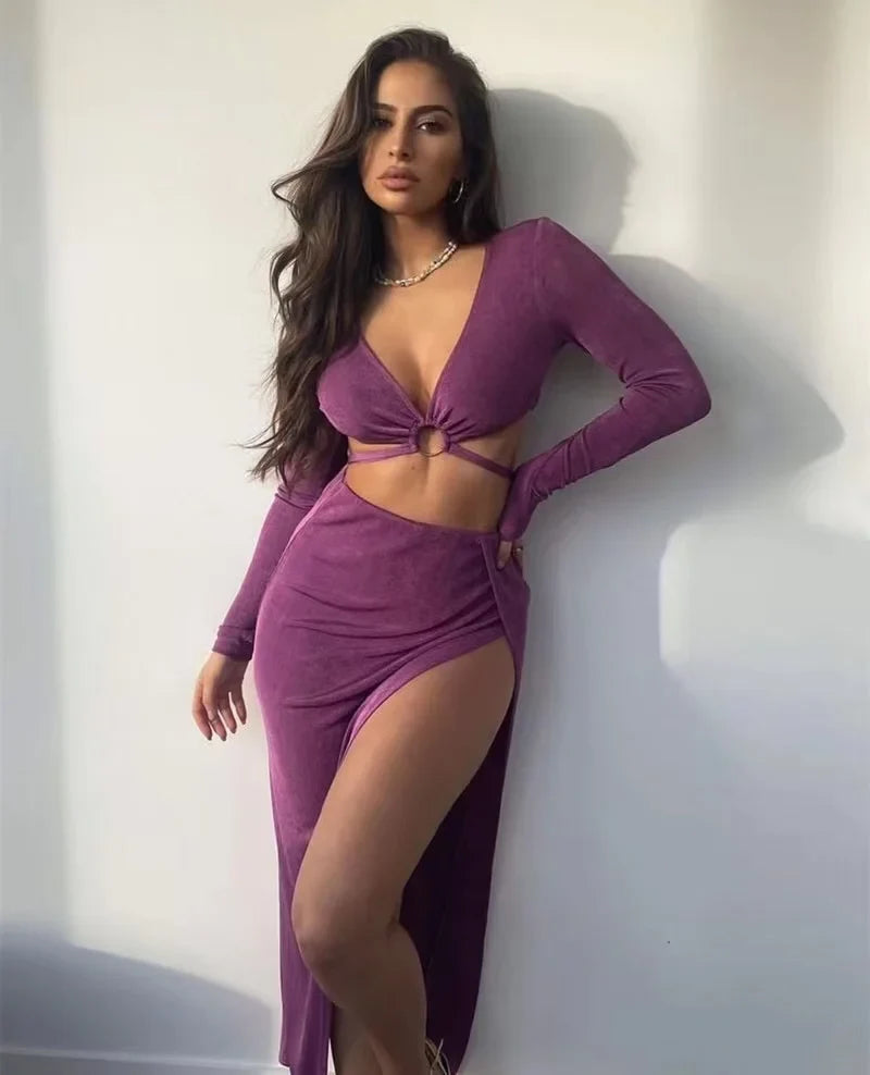 Cut-Out Long Sleeve Top and Maxi Skirt Set