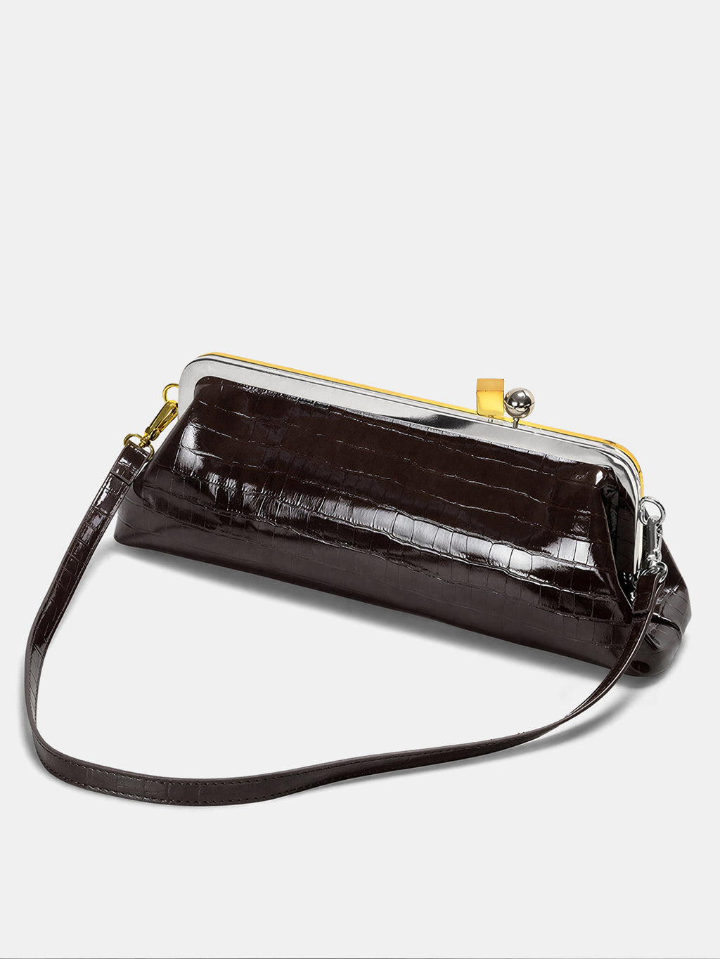 Dark Brown Croc Embossed Kiss Lock Bag