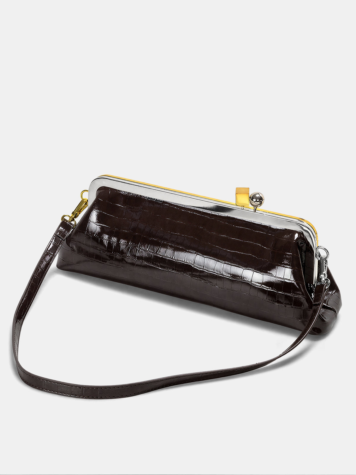 Dark Brown Croc Embossed Kiss Lock Bag