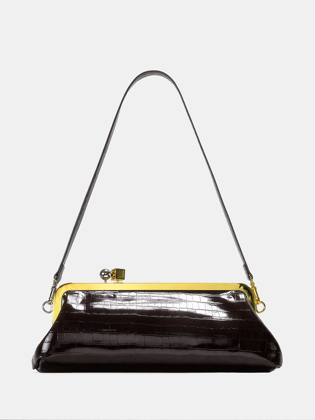 Dark Brown Croc Embossed Kiss Lock Bag