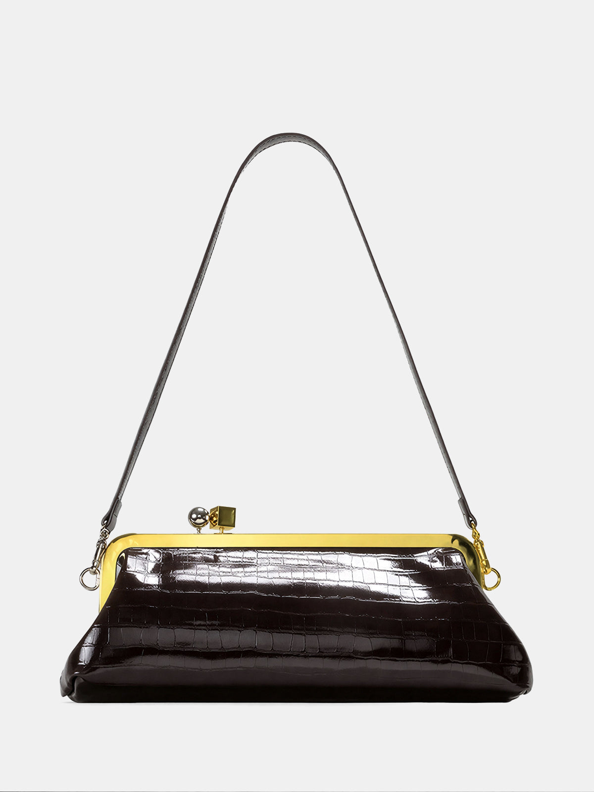 Dark Brown Croc Embossed Kiss Lock Bag