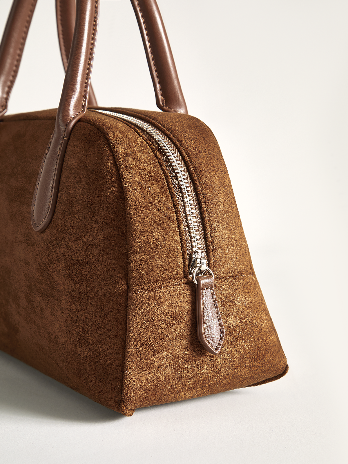 Dark Brown Faux Suede Top Handle Handbag