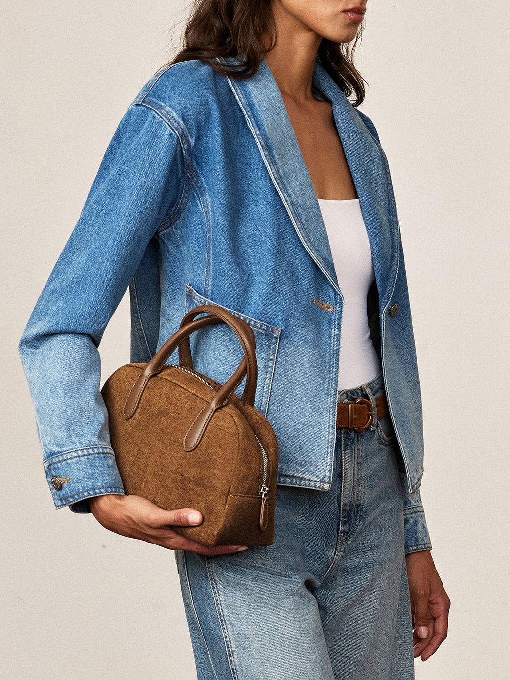 Dark Brown Faux Suede Top Handle Handbag