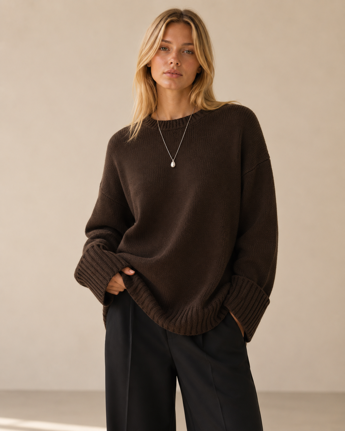 Dark Brown Oversized Knit Sweater with Flared Cuffs