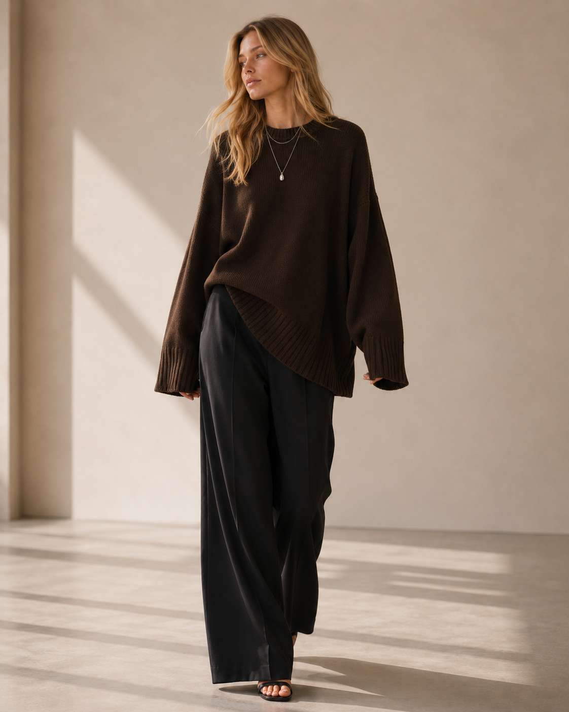 Dark Brown Oversized Knit Sweater with Flared Cuffs