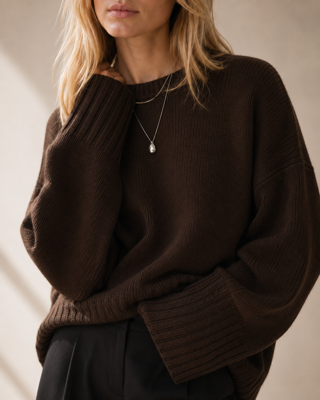 Dark Brown Oversized Knit Sweater with Flared Cuffs
