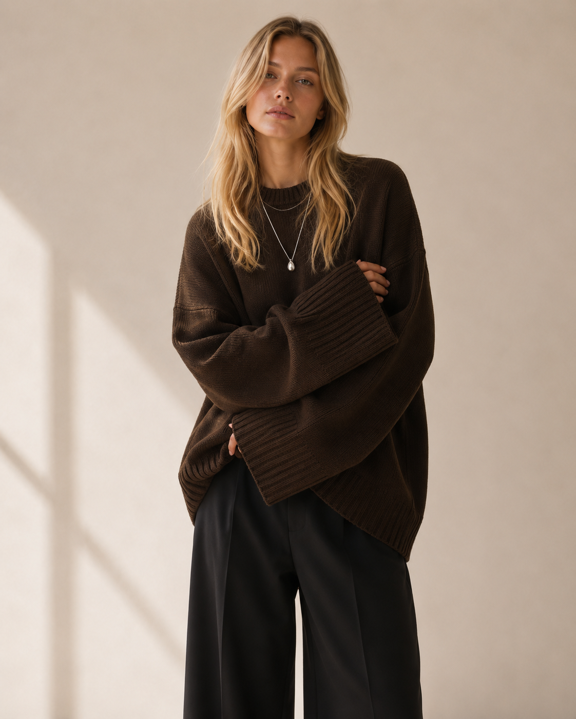 Dark Brown Oversized Knit Sweater with Flared Cuffs