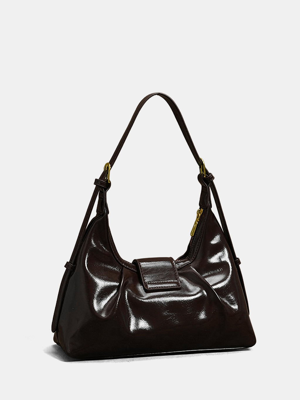 Dark Brown Patent Hobo Bag with Gold Hardware
